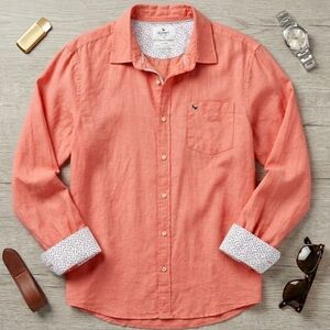 Old Khaki Large Linen Cotton Salmon Pink Floral Trim Button Down Slim Fit Shirt